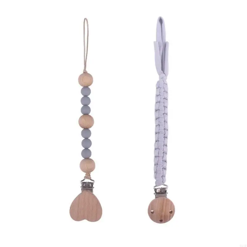 

E06F 2 Pcs Handmade Cotton Woven DIY Pacifier Chain Beech Clip Silicone Beads Pacifier Chain Baby Nursing Dummy Nipple