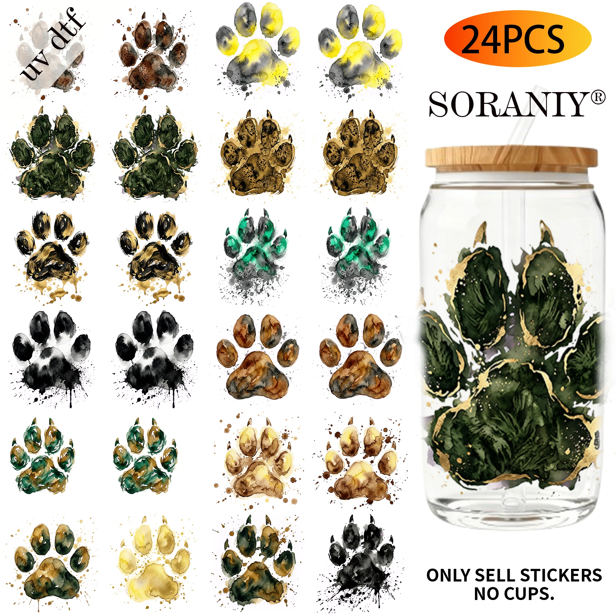 UV DTF Transfer Stickers - 24Pcs/Set Dog Paw Print Theme UV DTF 16OZ DIY Transfer Stickers