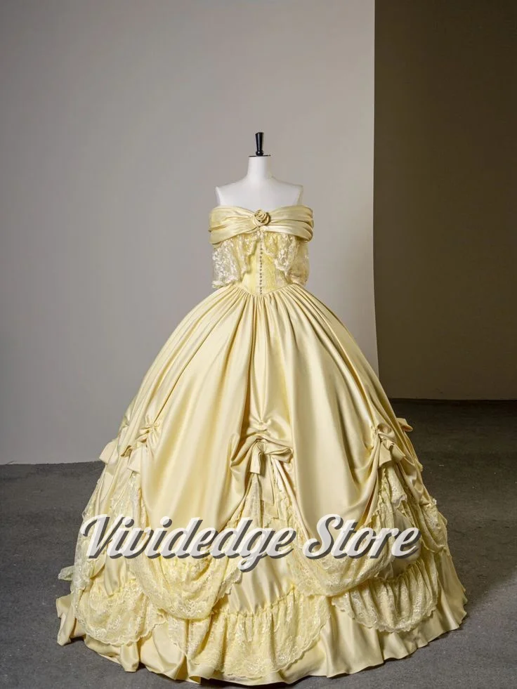 

Customized Gorgeous Light Yellow Romantic Wedding Dress Snap Shoulder Pleated Stereoscopic Applique Lace Ruffles Waist Cinching