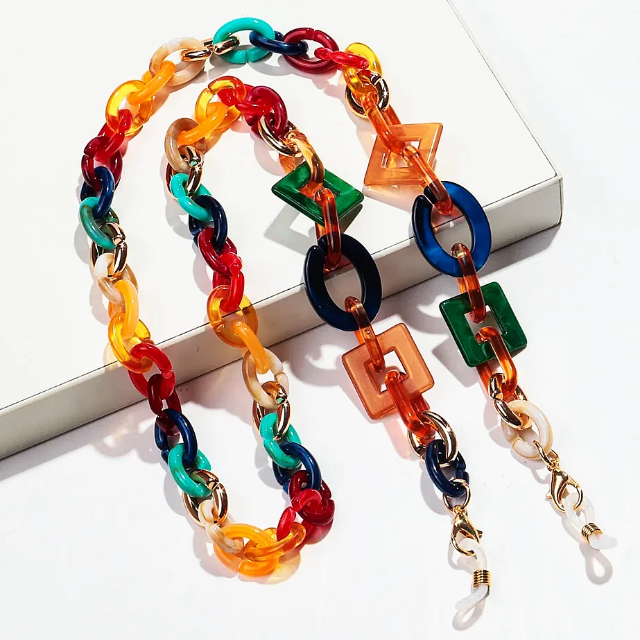 Boho kolorowy akrylowy łańcuszek do okularów dla kobiet moda żywica geometryczna smycz pasek na sznurek wiszący łańcuszek na akcesoria do okularów przeciwsłonecznych