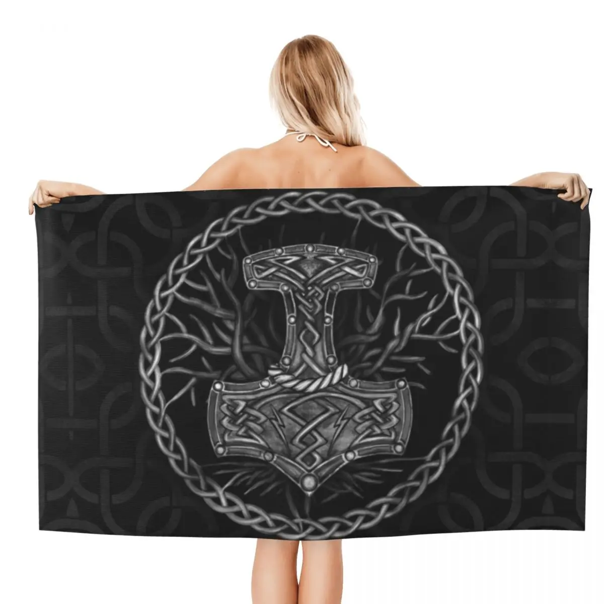 Mjolnir The Hammer Of Thor And Tree Of Life Beach Towel Personalized Norse Viking God Super Soft Microfiber Bath Towels