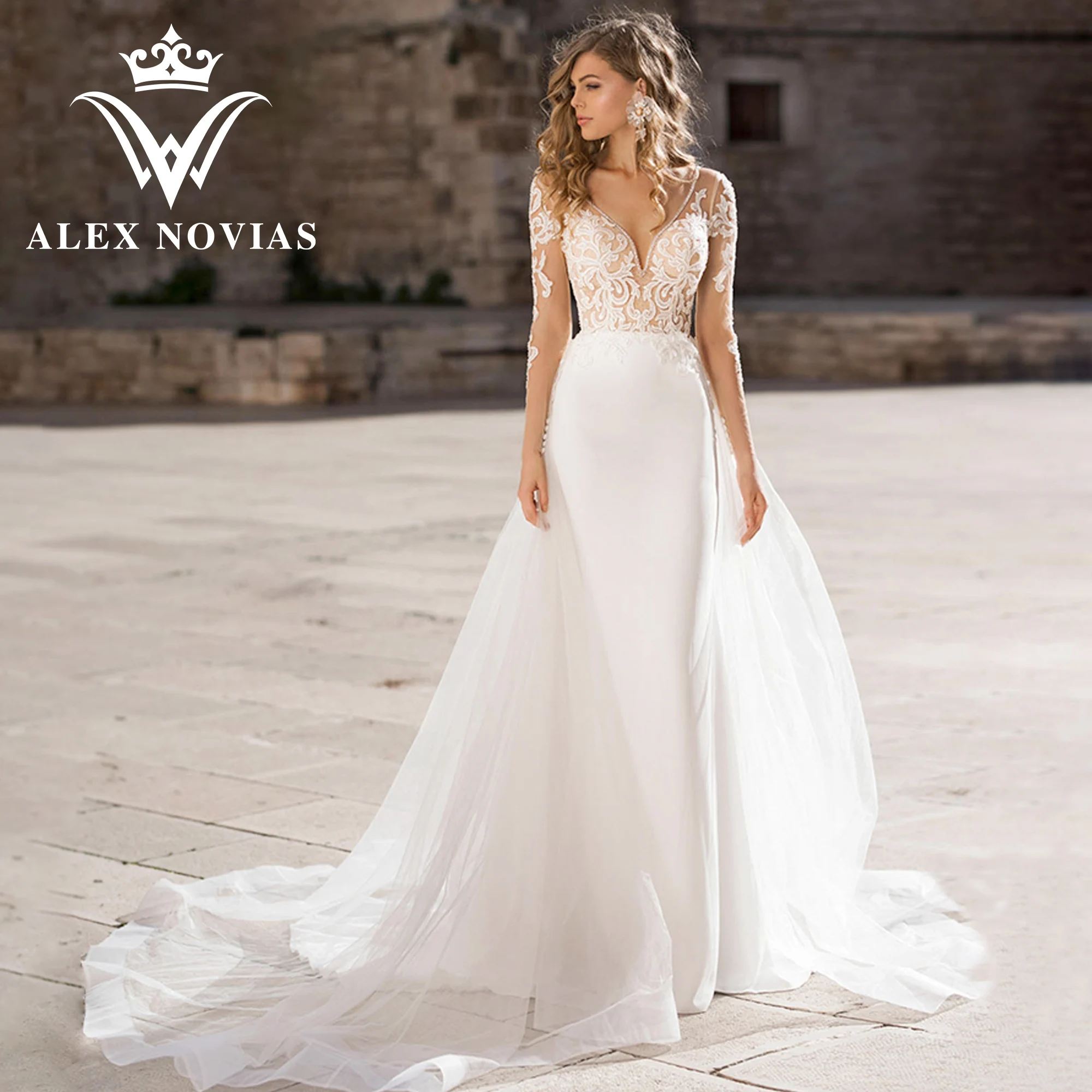 

ALEX NOVIAS Mermaid Wedding Dress 2023 Appliques Semi-Transparent Detachable Train Satin Wedding Gown Vestidos Novias De Saten