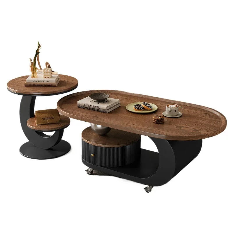 

Light luxury walnut color oval coffee table living room household small apartment medium and ancient style modern high-end sense