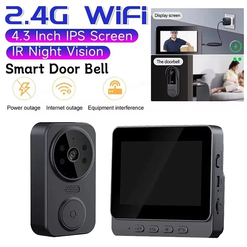 4.3 inch IPS Screen 2.4G Wireless Visual Intercom Doorbell with Screen Smart High-definition Video Monitoring Two-Way Intercom