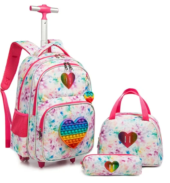 Ensemble de cartables à roulettes pour enfants, sac à roulettes scolaire, sac à dos à roulettes pour filles, 3 pièces