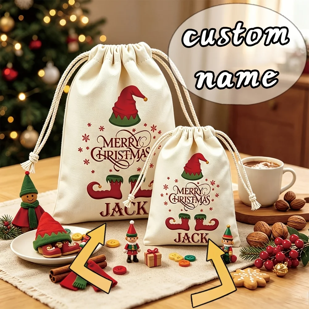 1Pc Custom Name/Text Christmas Elf Pattern Imitation Hemp Gift Bag, Extra-Large Drawstring Bags, Party Candy Bag, Christmas Gift