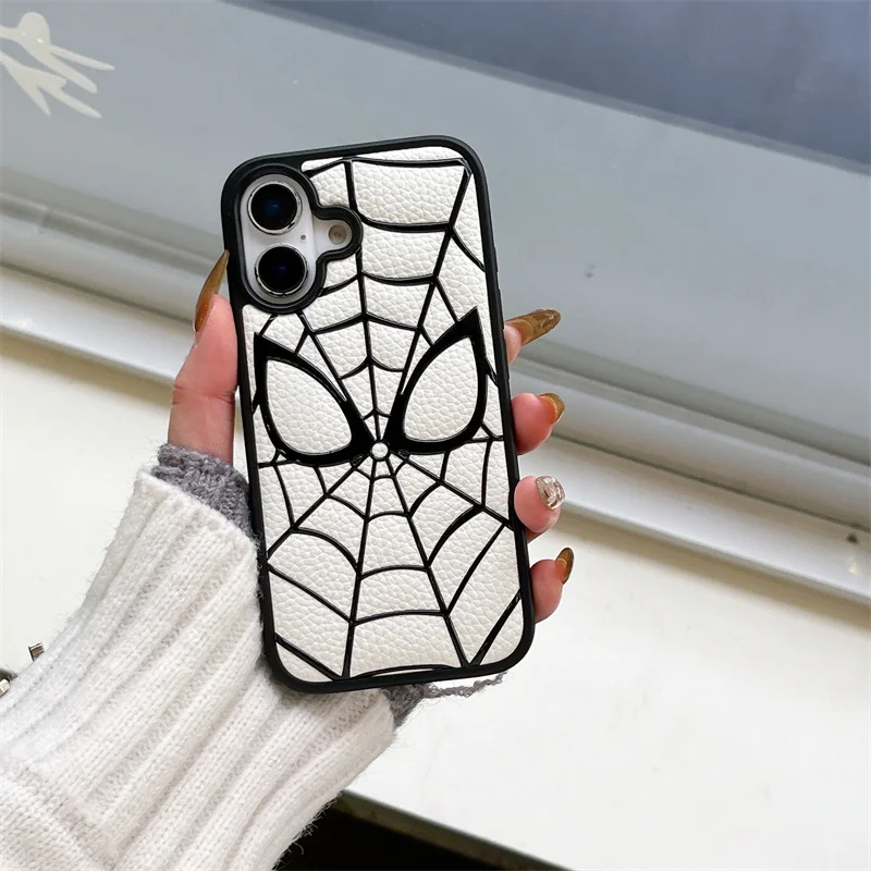 Luxo gravação s-spider-man 3d couro silicone caso de telefone proteção para iphone 16 pro 15 13 14 pro max adorável dos desenhos animados capa