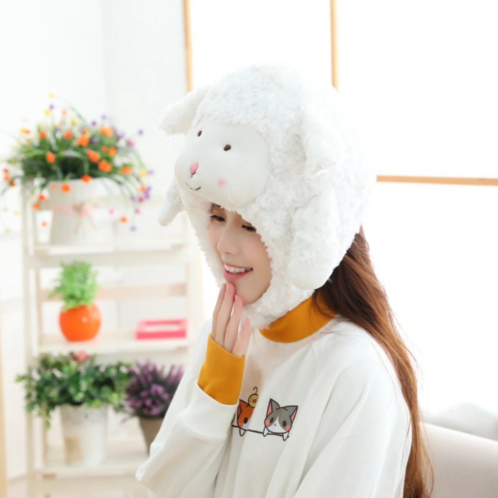 Fuzzy Sheep Head Cover White Cartoon Sheep Headpiece