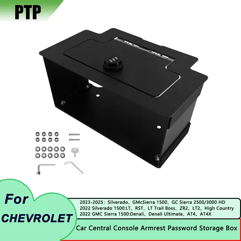 Car Armrest Box Safe Password Lock Box Metal Strongbox Storage Safety Key Lock Box  For Chevrolet Silverado GMC Sierra 2023-2025