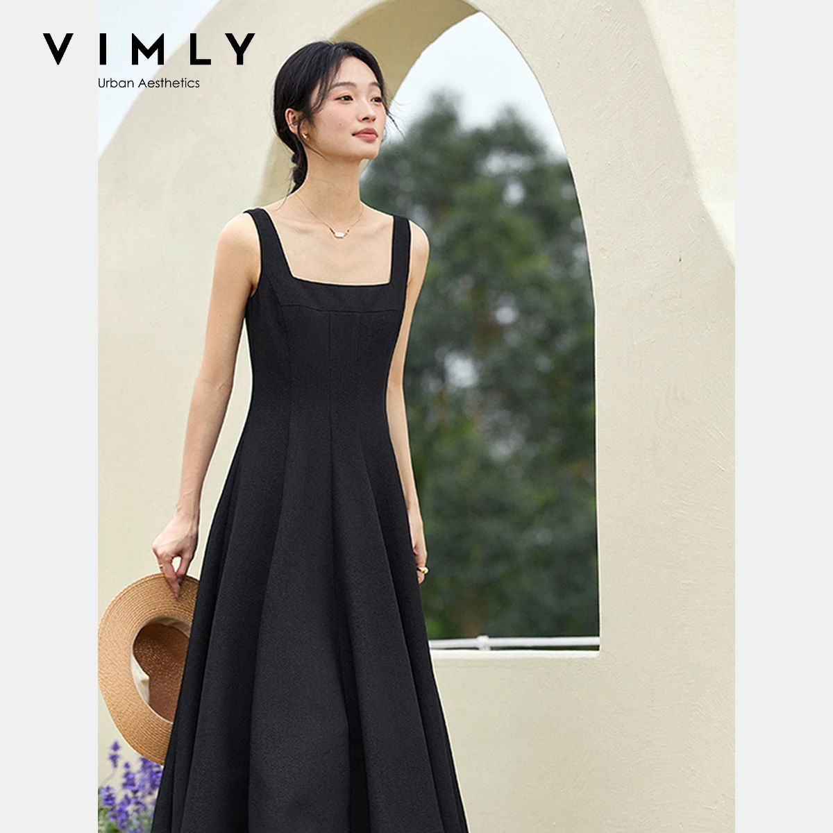 

VIMLY Summer Elegant Black Dress For Women 2025 French Hepburn Style Square Neck Flared Midi Dresses Female Clothing A1716