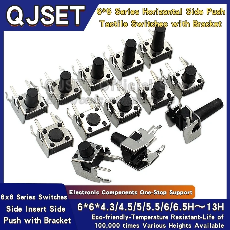 20pcs Microswitch Horizontal with Bracket Side Push Switch Button 6x6x4.3mm/5/6/7/8/9.5/10/11mm Tactile Switch PCB Fixed 2/4 Pin