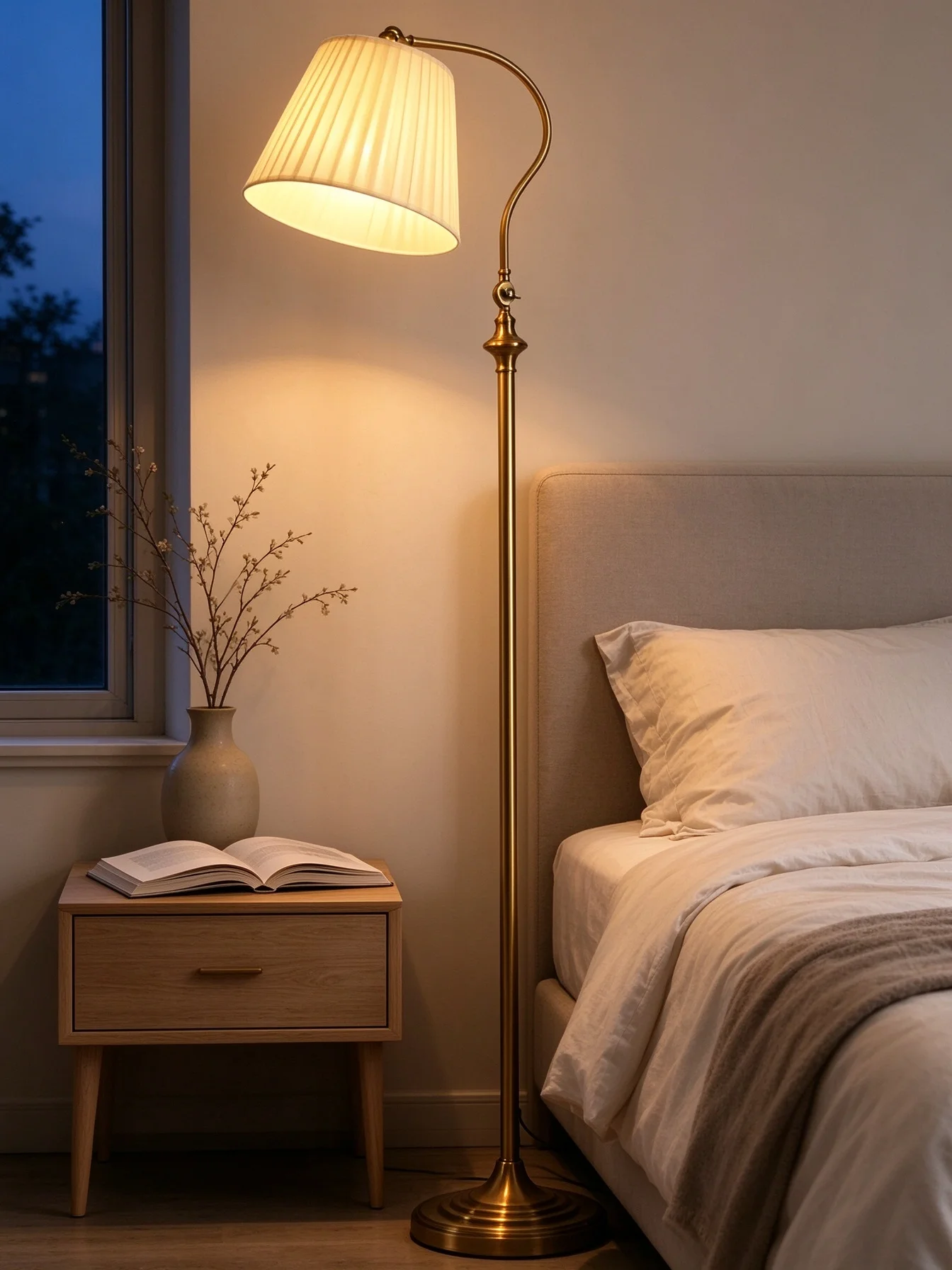 Vintage Brass Curved Arm Floor Lamp Pleated Fabric Shade E27 90-260V Wide Voltage 156cm Standing Lamp for Living Room Bedroom