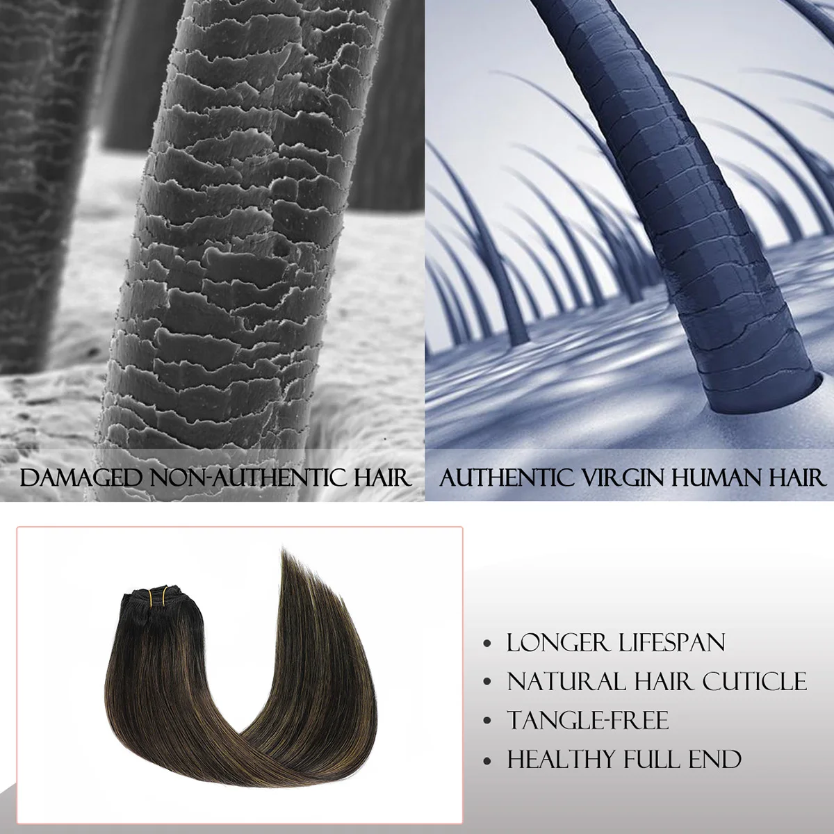 Clips in Hair Extensions Real Human Hair Ombre Black&Brown 7Pcs Straight Remy Hair Extensions for Adding Hair Length&Volume