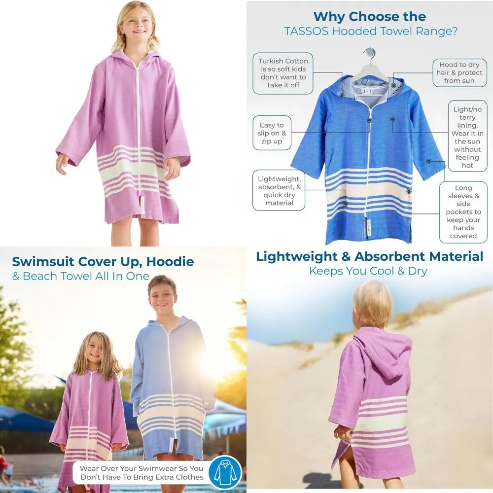 

Детские полотенца с капюшоном - легкое хлопковое пончо с молнией и карманами - уютное полотенце для плавания и ванны