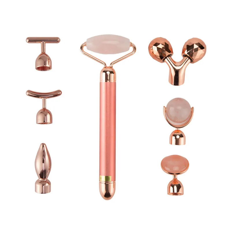 24k ouro 4-in-head massageador facial elétrico vibratório quartzo rosa 3d massageador rolo face lifting corpo facial gua sha jade rolo