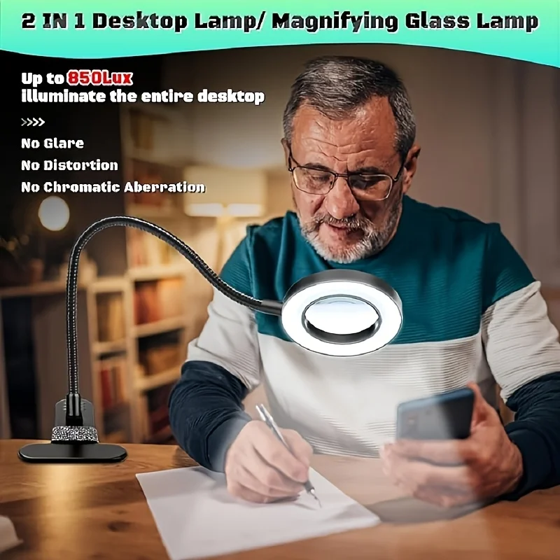 LED Clip-On Magnifying Desk Lamp 5X Magnifier USB Powered 3 Colors 10 Levels Dimmable Adjustable Flexible Gooseneck Sturdy Metal Clamp Base Makeup Reading Craft Repair Sewing Hobby Light for Office Study Bedroom Living Room Workbench Jewelry Making