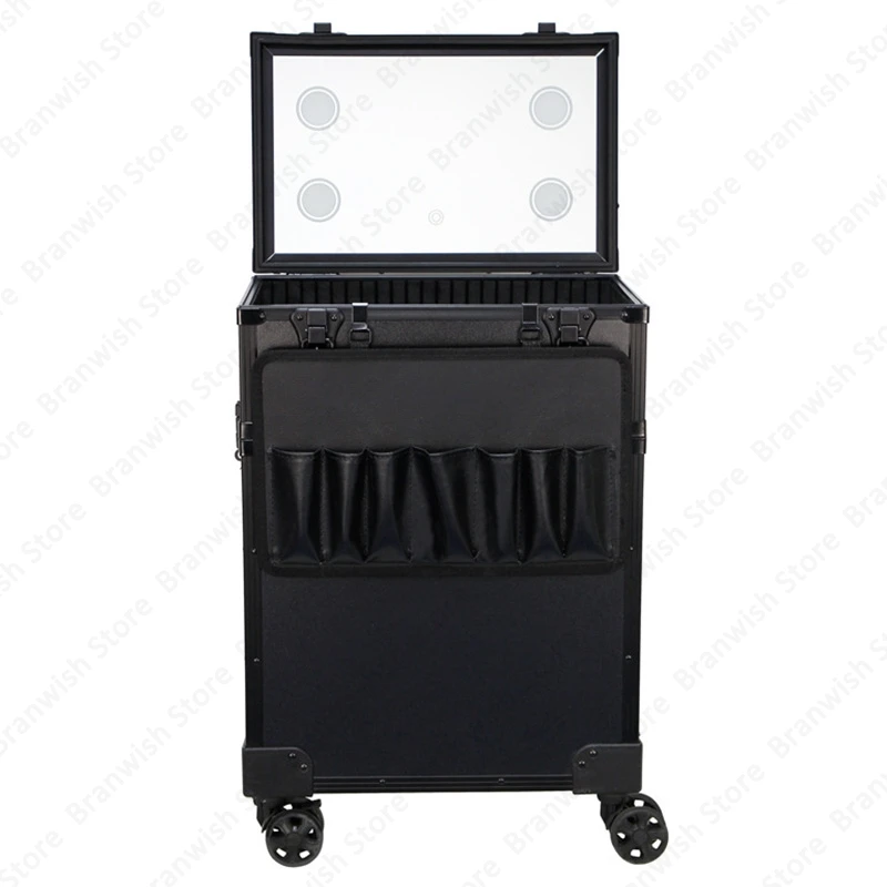 Rolling Makeup Train Case Professional Cosmetology Case Trolley Portable Cosmetics Case With Mirror Black Nail Makeup Organizer