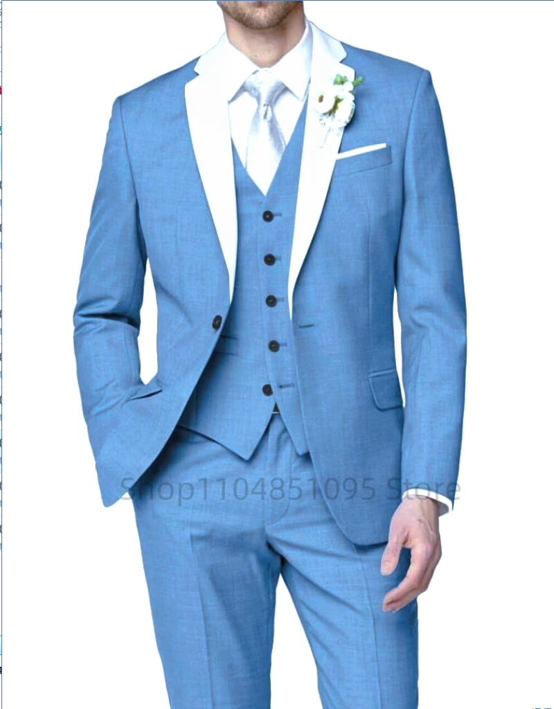 New 3PCS Formal Men Suit Groomsman Wedding Party Prom Occasion Business Male Tuxedos Set White Notch Lapel Blazer Vest Pants