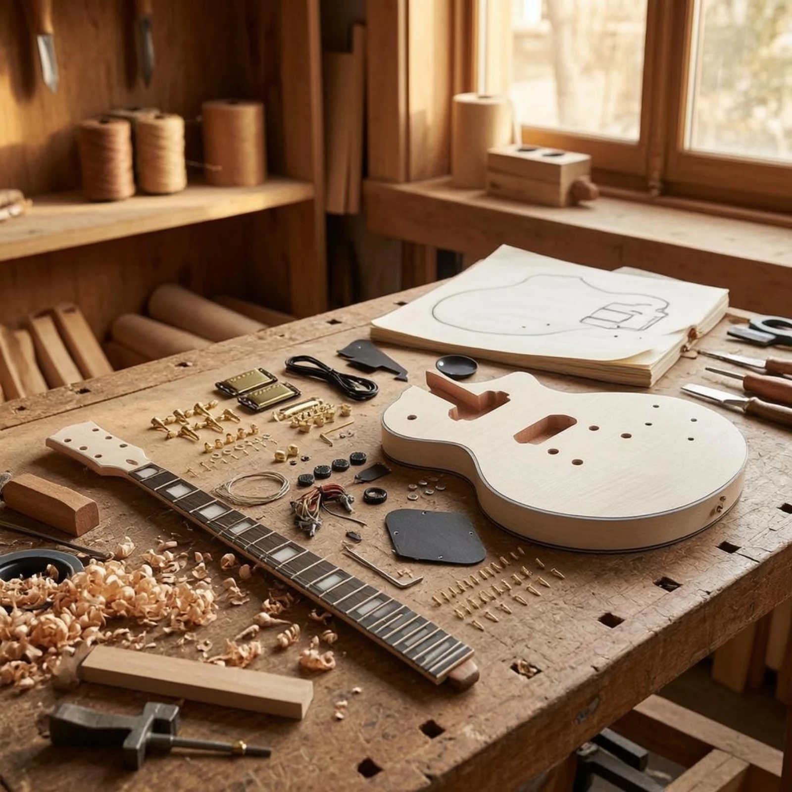 

Unfinished Electric Guitar Body DIY Tonewood Guitar Body String Instrument Part Wood Veneer Top Pre-Drilled for Workshop