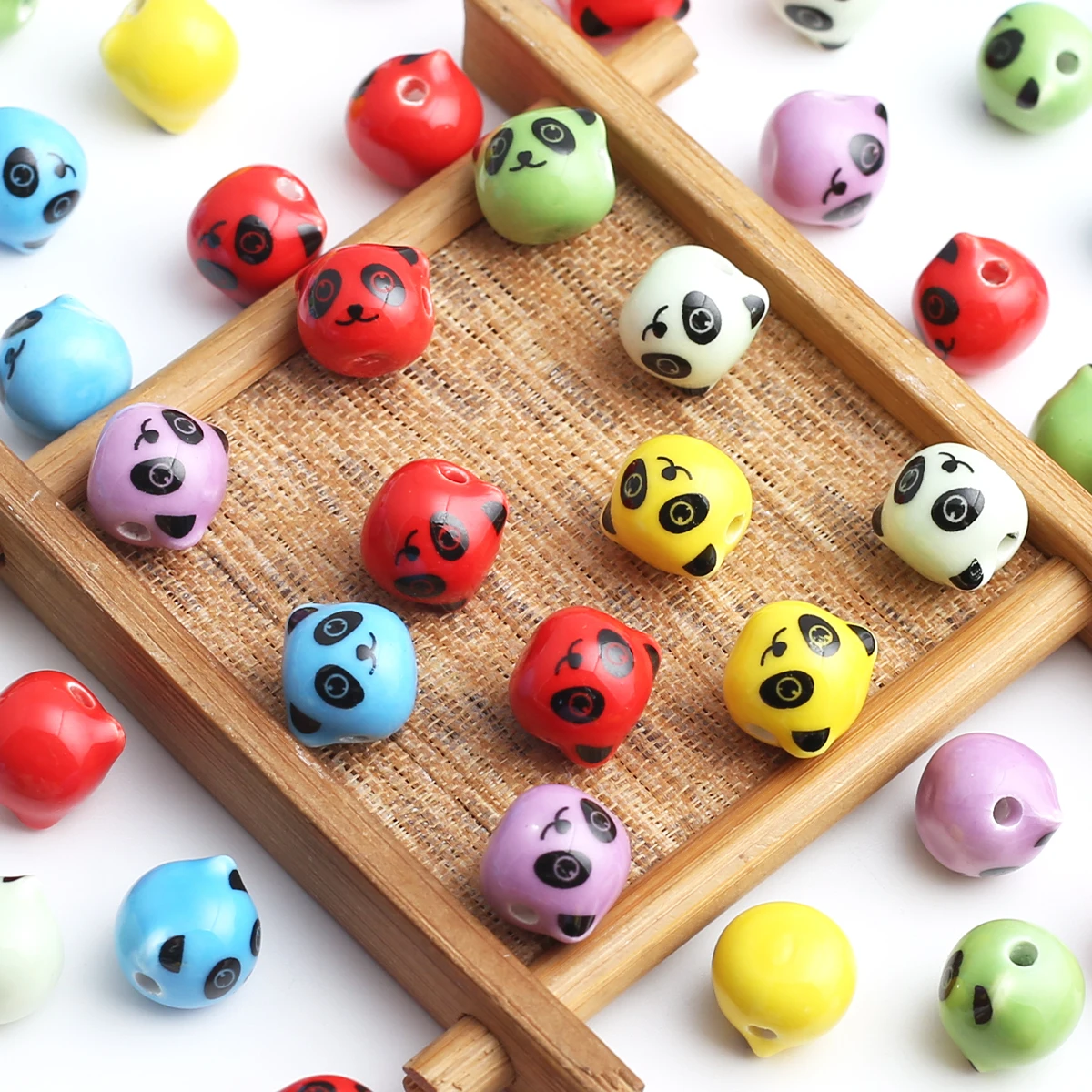 10pcs 11mm Colorful Panda Heads Ceramic Beads & Bead Assortments - Durable Ceramic Animal Beads With Smiling Expression