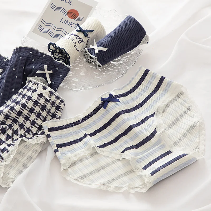 ملابس داخلية باللون الأزرق للنساء، سراويل داخلية من القطن الخالص متوسطة الخصر مريحة وصديقة للبشرة مقاس M-XL ملابس داخلية نسائية