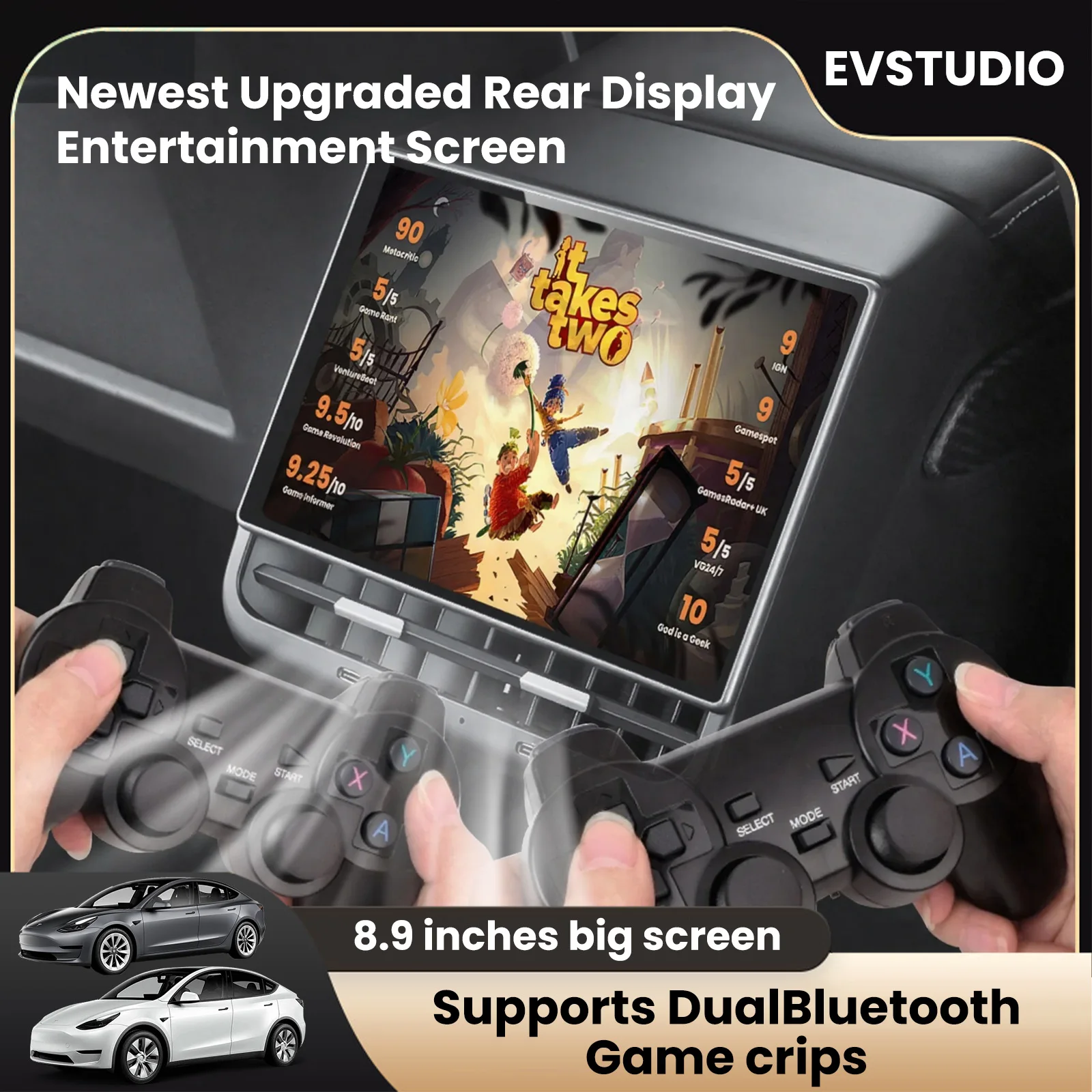 

Newest 8.9inch 4K HD Rear Display for Tesla Model Y 3 CarPlay WIFI Entertainment Screen Qualcomm Chip 4-Direction Airlet Adjust