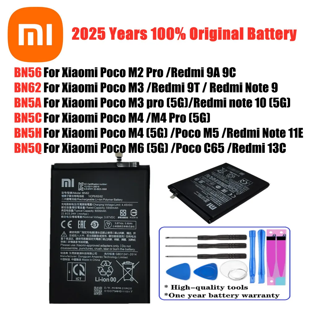 

BN62 BN56 BN5C BN5H BN5Q BN5A Оригинальный аккумулятор для Xiaomi Poco M6 M5 M4 M3 M2 Pro C65 Redmi 9T 9A 9C 13C Redmi Note 9 10 11E