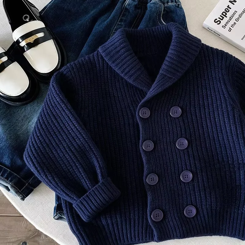Boys' Retro Double-Breasted Knit Cardigan With Turn-Down Collar for Spring and Autumn - Stylish and Fluffy Kids Sweater 80-150CM