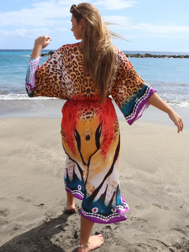 Kimono playero de rayón con estampado de leopardo para mujer, túnica larga de talla grande para playa y piscina, 2024