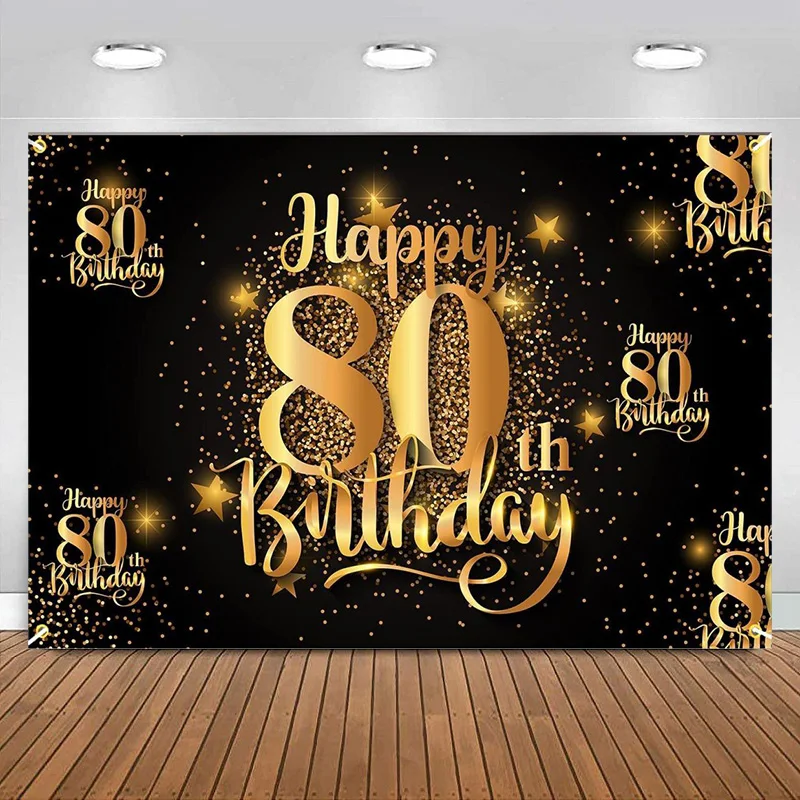 Happy 80th Birthday Backdrop Banner Decorations for Women Men  Photography Backgroung Party Supplies Glitter diamond Black Gold