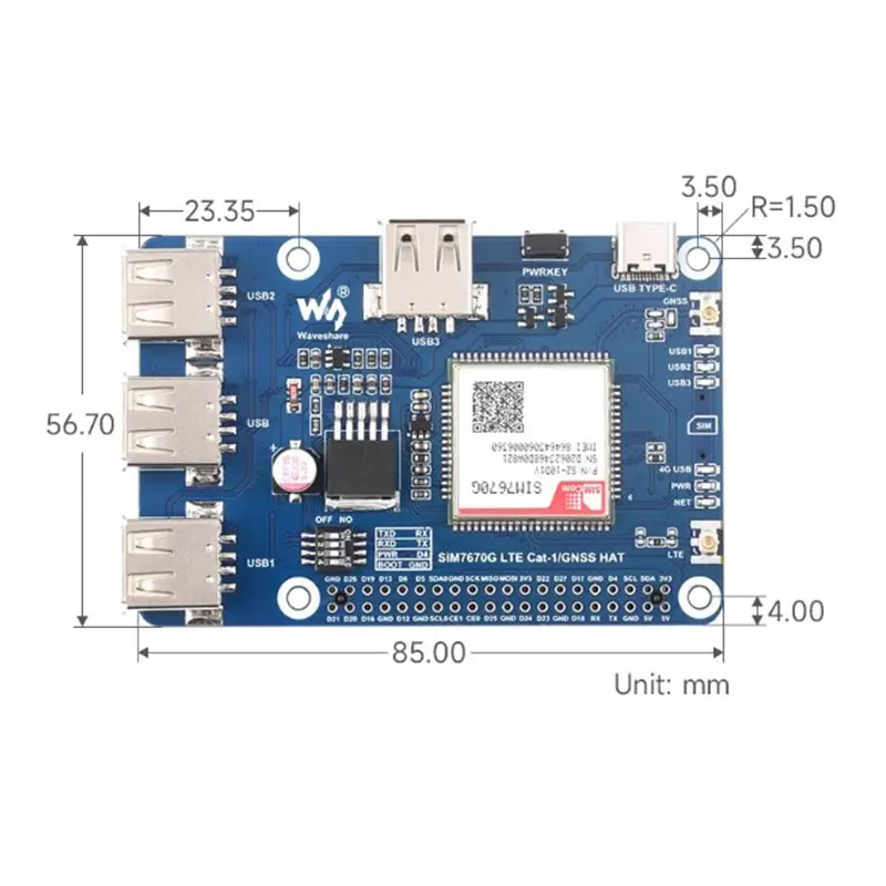 Raspberry Pi SIM7670G LTE Cat-1/GNSS HAT Expansion Support LTE Cat-1 4G GNSS Positioning Global for Raspberry Pi 5 / 4B / CM4