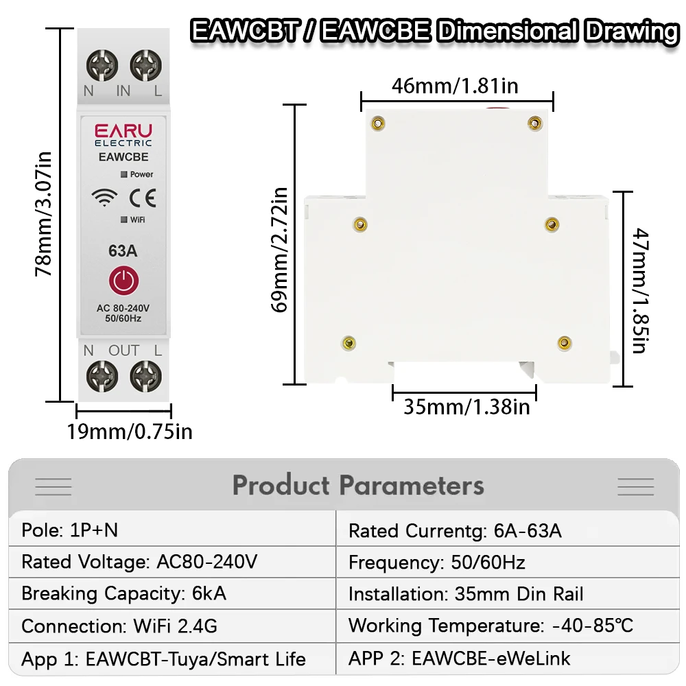 1P+N 63A WiFi Smart Circuit Breaker MCB Time Relay Switch Energy Meter Remote Control Tuya Smart eWeLink App Alexa Google Home