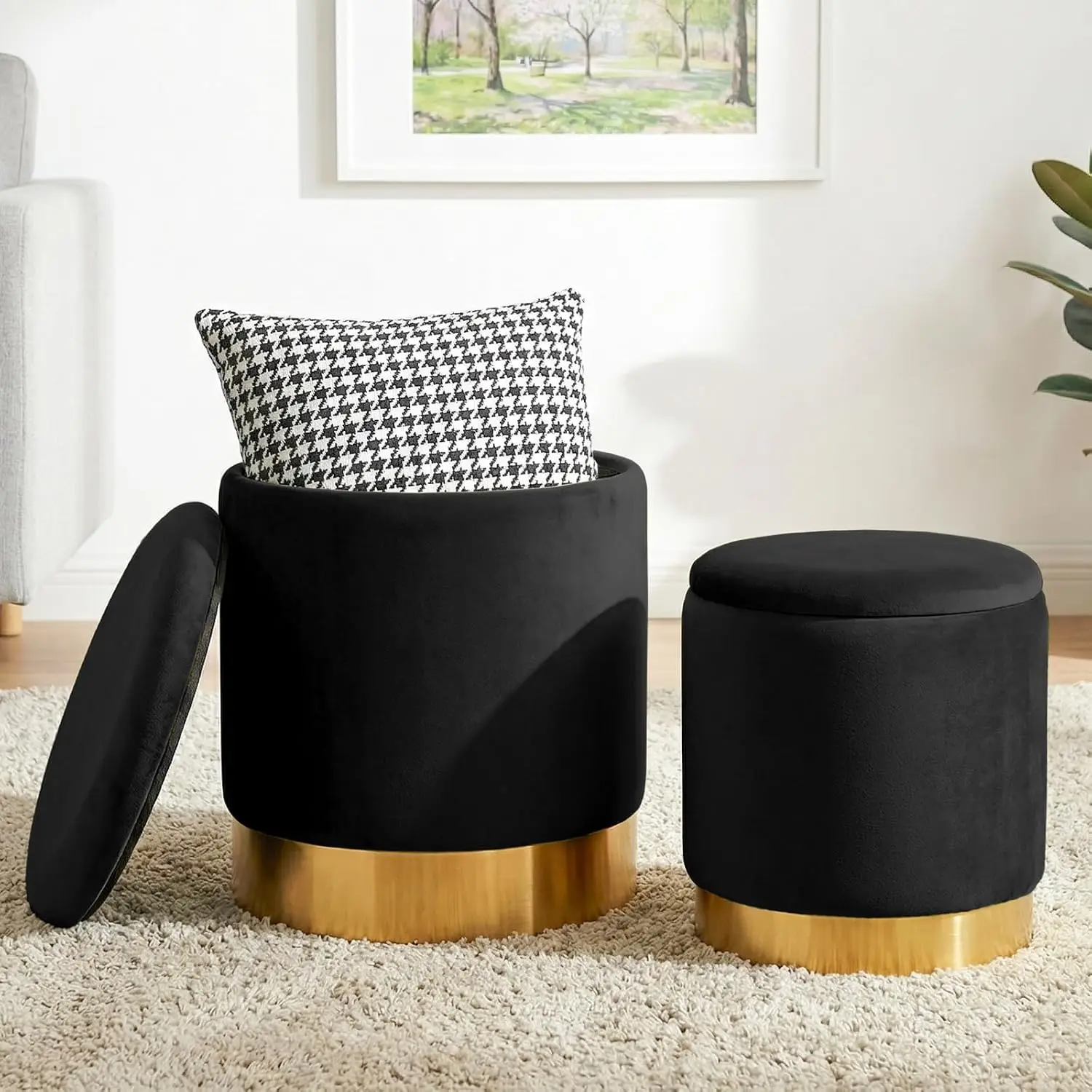 Round Ottoman Storage Set 2, Vanity Foot Stool Nesting Upholstered Velvet Foot Rest Gold Base Bedroom Dorm, Customized