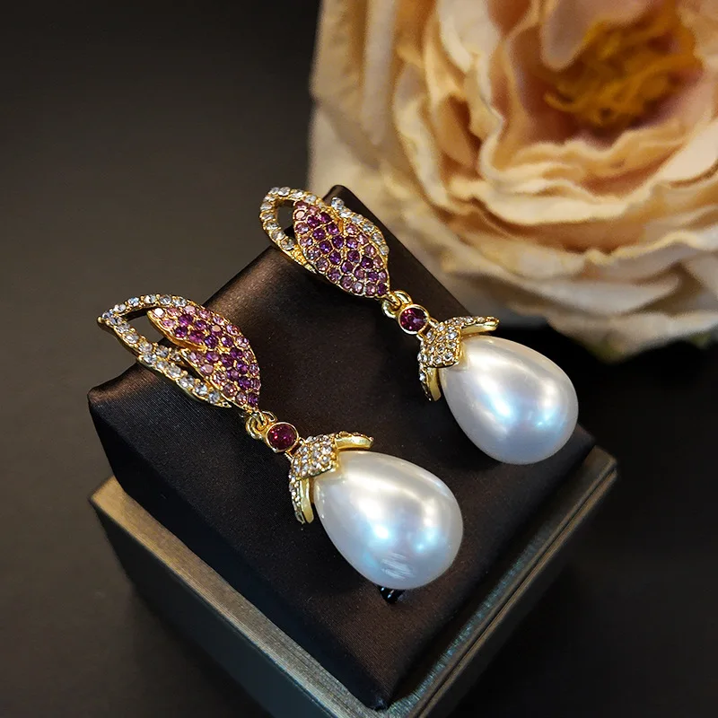 

Wholesale Vintage Pink Purple Sapphire Feather Ear Drop Dangle Baroque Pearl Teardrop Stud Earring Luxury Jewelry Women Gifts