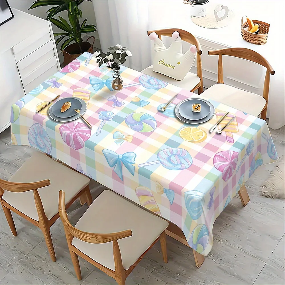 One candy-patterned tablecloth, both outdoor and indoor versions of the patterned tablecloth.