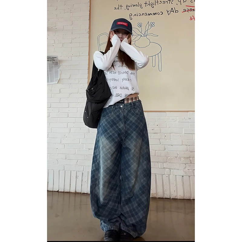 RORIRI Amerikanische Retro-Baggy-Jeans, Unisex, gewaschen, kariert, gerades Bein, Hose mit abgerundetem Saum, lockere Passform, Damen-Trend-Buchstabendruck