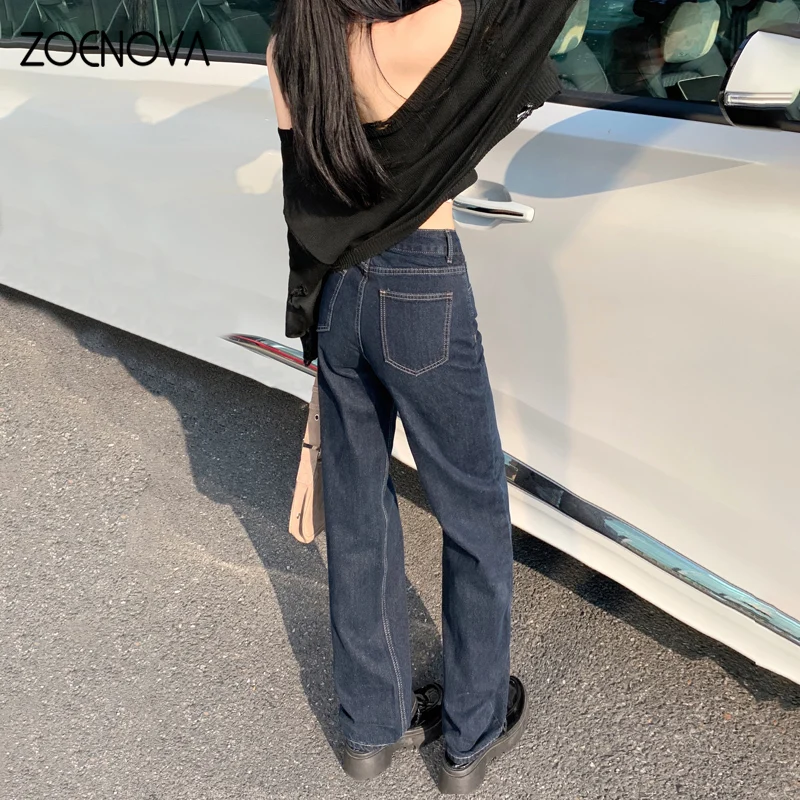 ZOENOVA-Jean taille haute pour femme, pantalon droit, simple et doux, jambes larges, style rétro, version coréenne, printemps 2024