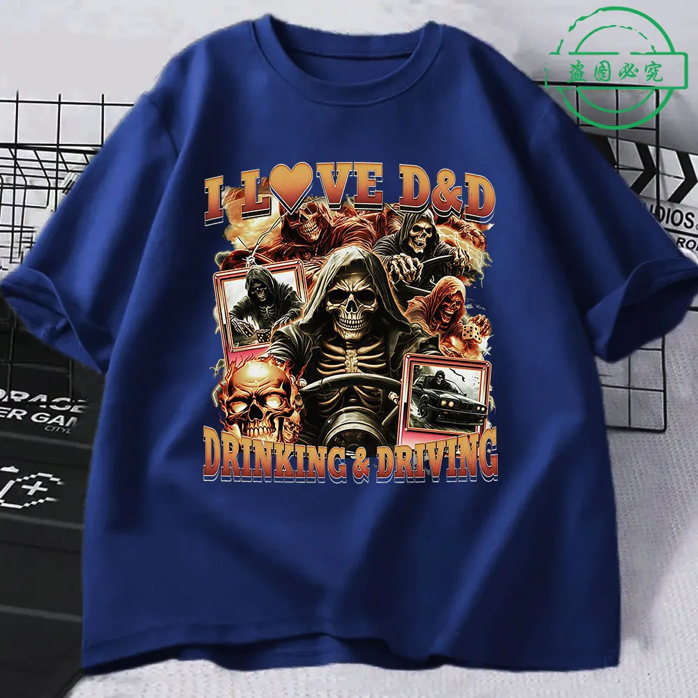 I Love D D Drinking Driving Funny Skeleton Meme T Shirts Men Women Clothing Cotton Oversized Short Sleeve T-shirts Streetwear