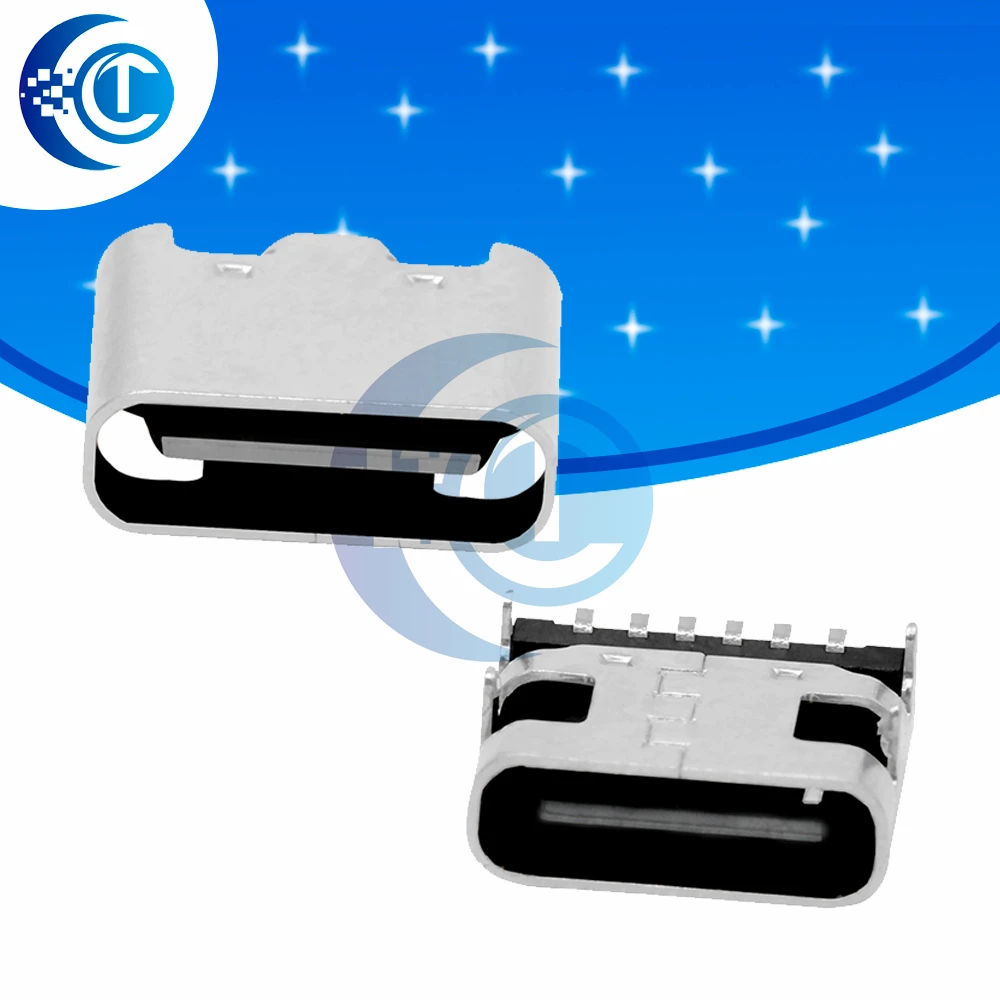 6Pin SMT Shielded Right Angle Type-C Female Socket 5 Pack, USB 3.1 Connector with Through-Hole Pins