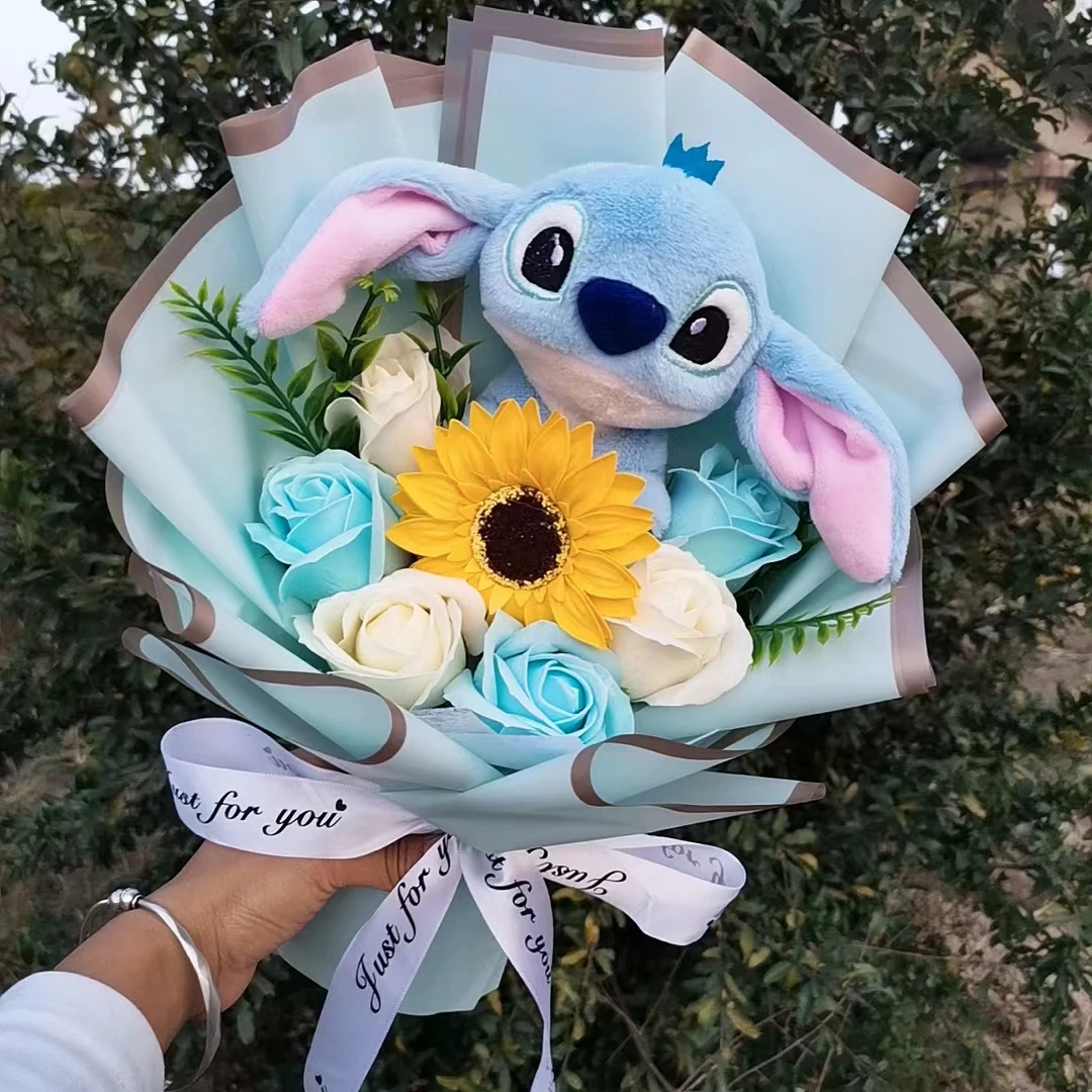 Hot Lilo Stitch Plush Doll Toys With Soap Rose Flower Bouquet Anime Stuffed Animals Home Decoration Valentine Christmas Gift