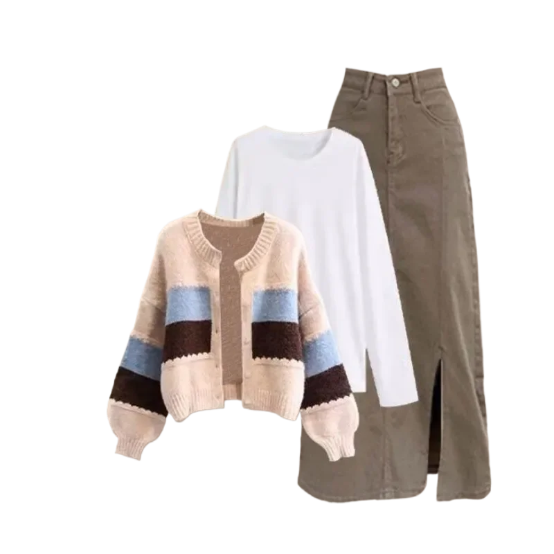 Kobiety 2024 jesień/zima nowy sweter z dzianiny w stylu vintage + dolna koszulka + spódnica midi 3-częściowy garnitur koreański elegancki kardigan