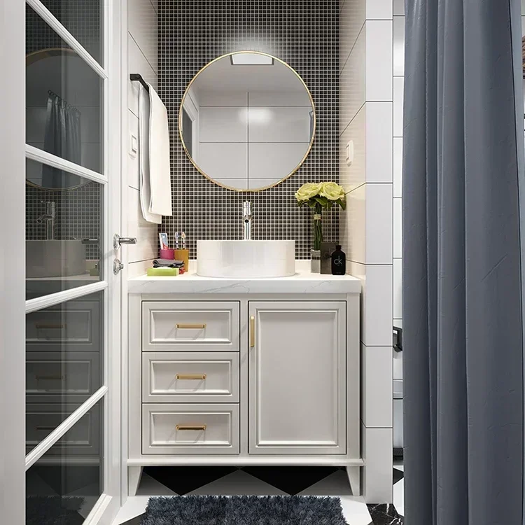 y Nordic Bathroom Cabinet round Mirror Washbasin Bathroom Cabinet Holding Basin Table Basin Floor Solid Wood Cabinet