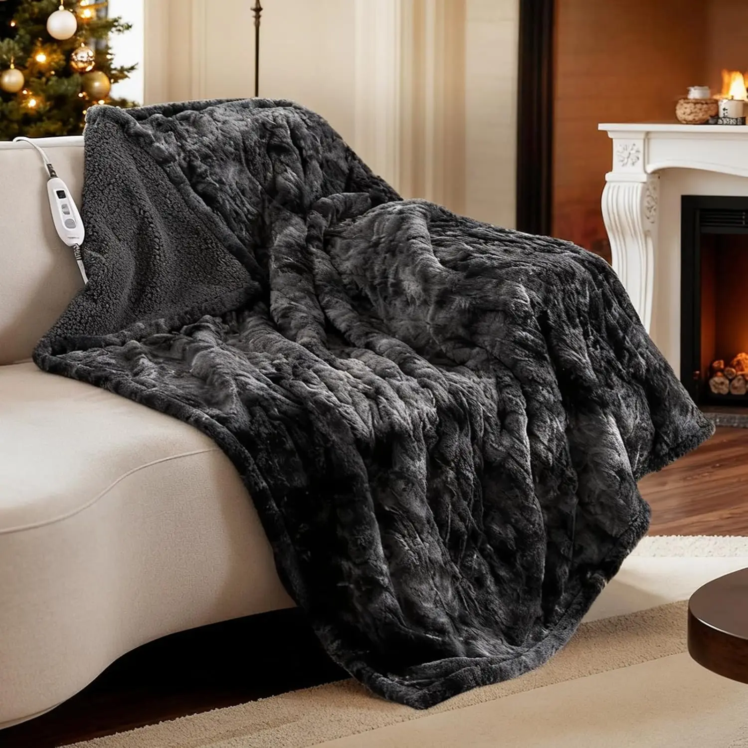 

50" x 60" Electric Warming Blanket Reversible Faux Fur & Sherpa, 6 Heating Levels, Auto Off, Washable Marble Black