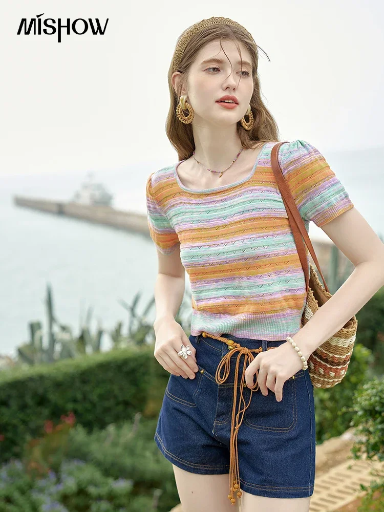 

MISHOW Contrast Striped Knitted T-shirts for Women 2024 Summer Rainbow Casual Tees Square Neck Loose Female Short Top MXD28Z0594