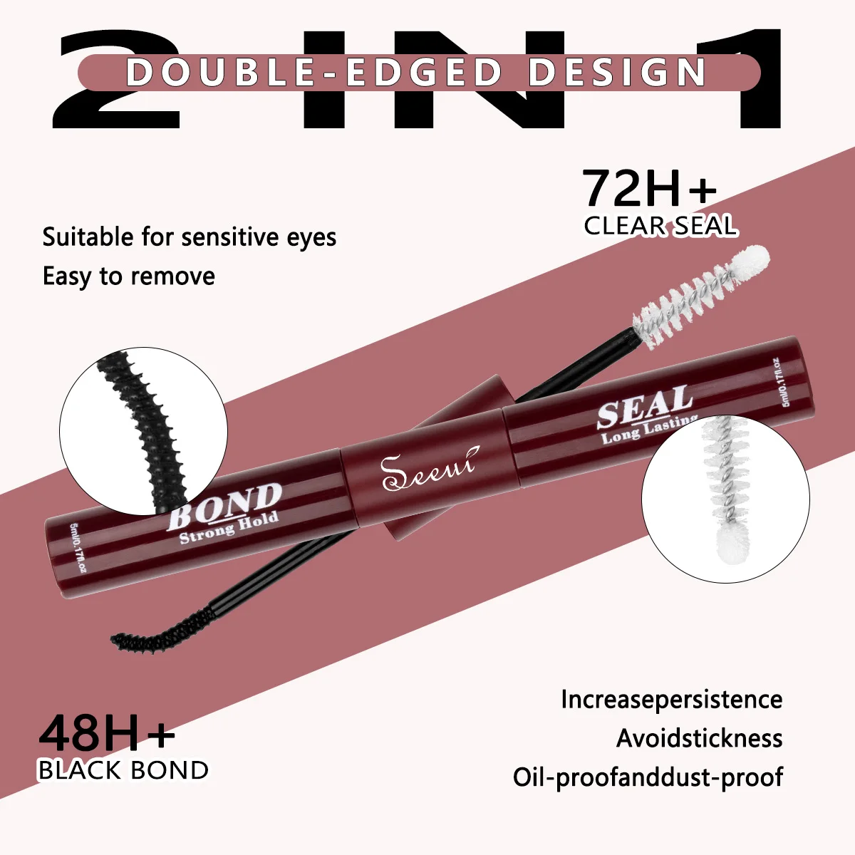 Eyelash Glue Lash Bond and Seal Lash Glue for Sensitive Eyes Strong Hold Eyelash Cluster Adhesive 2 in 1(5ml+5ml)