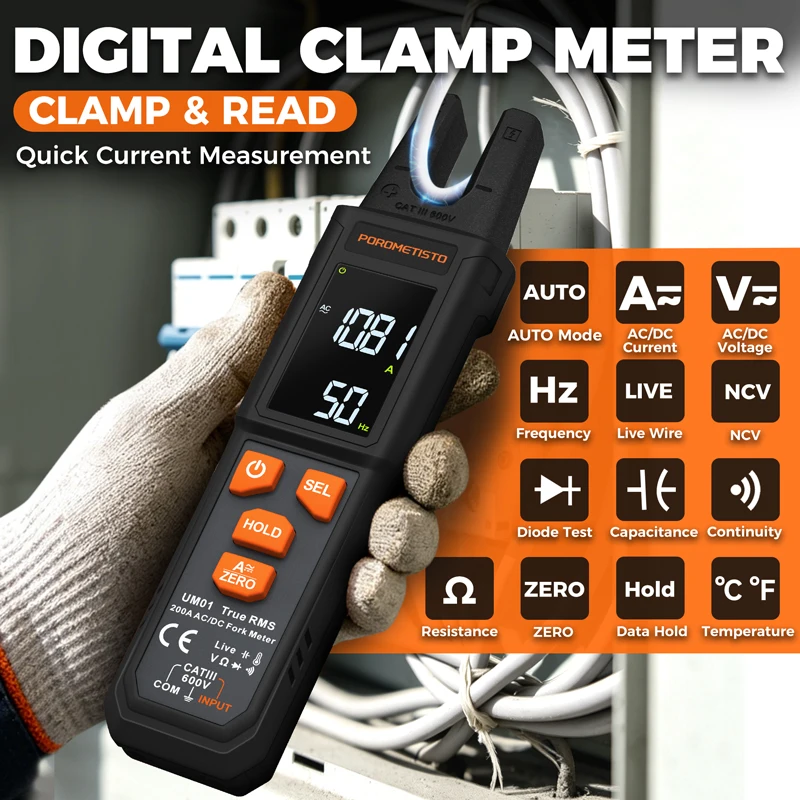 UM01 NEW Digital Clamp Meter Fork AC/DC 200A Smart Ammeter Pliers T-RMS Current Auto Multimeter Voltage Ohm Electrical Teste