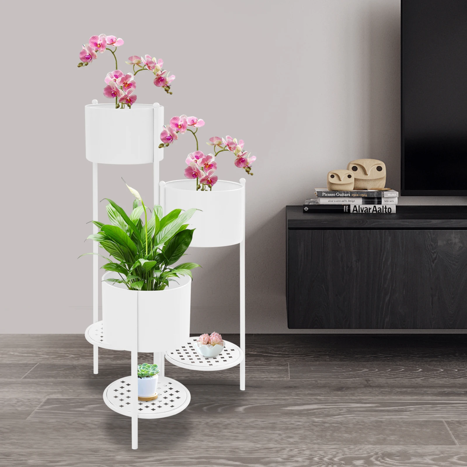 

White Iron 40x79.5cm 3-layer Floor-standing Flower Stand High Load-bearing Shelf Plant Rack with 6 Trays