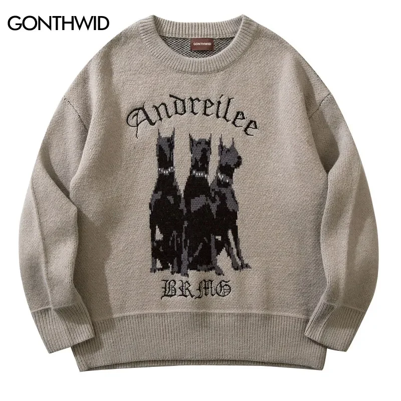 Sweater Y2K Streetwear Pria, Sweater Anjing Doberman Rajut Vintage Hip Hop, Harajuku Mode Retro Musim Gugur