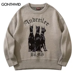 Männer Vintage Pullover Y2K Street Hip Hop Vintage Gestrickte Dobermann Hund Pullover Herbst Harajuku Mode Retro Casual Pullover