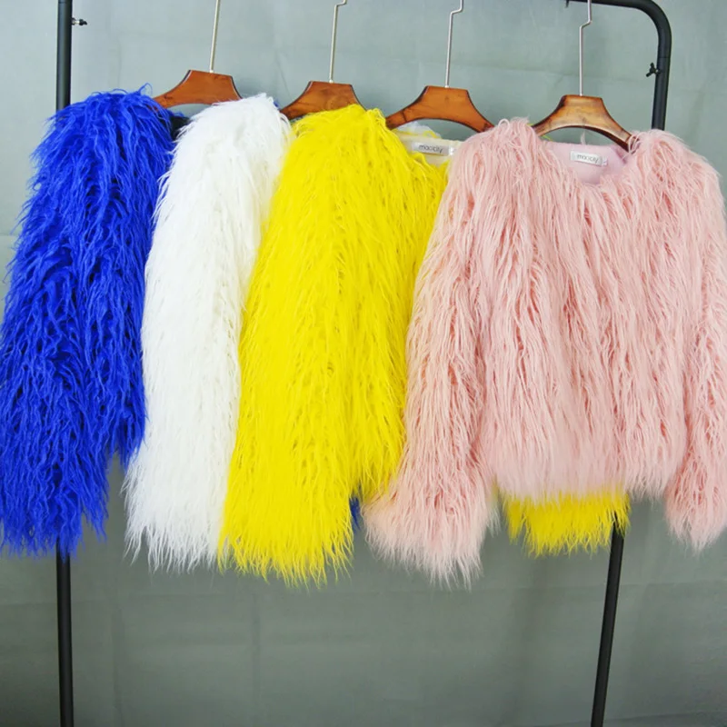 Faux Fur Coat Colorful Furry Pink Lamb Wool Faux Fur Coat Female Shaggy Sheepskin Coat Winter Artificial Mongolian Fur Jacket